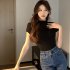 Women Summer Short Sleeves T shirt Sexy Mock Neck Bottoming Blouse Slim Fit Solid Color Pullover Tops White M