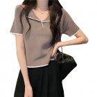 Women Summer Short Sleeves T-shirt Elegant Lapel Blouse Slim Fit Pullover Knitted Tops Khaki one size