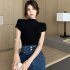 Women Summer Short Sleeves T shirt Sexy Mock Neck Bottoming Blouse Slim Fit Solid Color Pullover Tops White XL