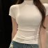 Women Summer Short Sleeves T shirt Sexy Mock Neck Bottoming Blouse Slim Fit Solid Color Pullover Tops White XL