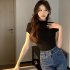 Women Summer Short Sleeves T shirt Sexy Mock Neck Bottoming Blouse Slim Fit Solid Color Pullover Tops White XL