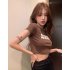 Women Summer Short Sleeves T shirt Retro Letter Printing Blouse Sexy Slim Fit High Waist Crop Tops coffee color M