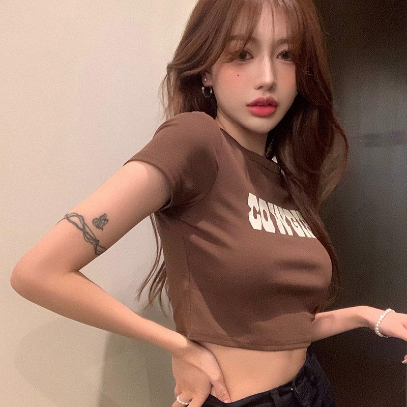 Women Summer Short Sleeves T-shirt Retro Letter Printing Blouse Sexy Slim Fit High Waist Crop Tops coffee color M