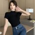 Women Summer Short Sleeves T shirt Sexy Mock Neck Bottoming Blouse Slim Fit Solid Color Pullover Tops Khaki XL