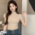 Women Summer Short Sleeves T shirt Sexy Mock Neck Bottoming Blouse Slim Fit Solid Color Pullover Tops Khaki XL