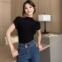 Women Summer Short Sleeves T shirt Sexy Mock Neck Bottoming Blouse Slim Fit Solid Color Pullover Tops Khaki XL