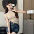 Women Summer Short Sleeves T shirt Sexy Mock Neck Bottoming Blouse Slim Fit Solid Color Pullover Tops Khaki XL