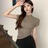 Women Summer Short Sleeves T shirt Sexy Mock Neck Bottoming Blouse Slim Fit Solid Color Pullover Tops Khaki XL