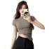 Women Summer Short Sleeves T shirt Sexy Mock Neck Bottoming Blouse Slim Fit Solid Color Pullover Tops Khaki XL