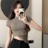 Women Summer Short Sleeves T shirt Sexy Mock Neck Bottoming Blouse Slim Fit Solid Color Pullover Tops Khaki XL