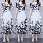 Women Summer Short Sleeves Dress V Neck Chinese Style Ink Printing A-line Skirt Casual Seaside Vacation Beach Dress As shown M