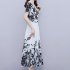 Women Summer Short Sleeves Dress V Neck Chinese Style Ink Printing A line Skirt Casual Seaside Vacation Beach Dress As shown L