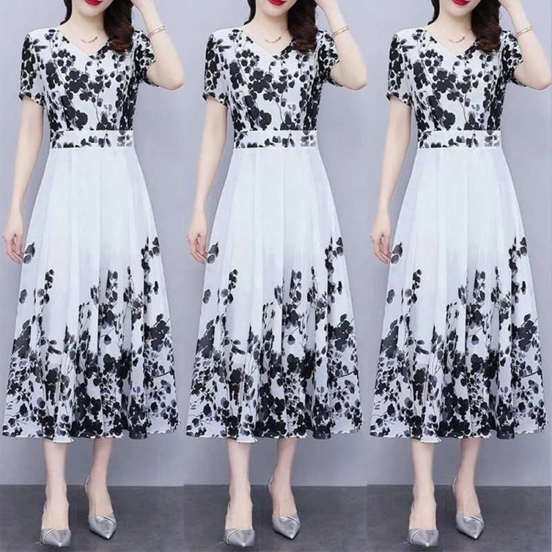 Women Summer Short Sleeves Dress V Neck Chinese Style Ink Printing A-line Skirt Casual Seaside Vacation Beach Dress As shown L
