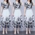 Women Summer Short Sleeves Dress V Neck Chinese Style Ink Printing A line Skirt Casual Seaside Vacation Beach Dress As shown XL
