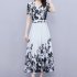 Women Summer Short Sleeves Dress V Neck Chinese Style Ink Printing A line Skirt Casual Seaside Vacation Beach Dress As shown XL