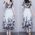 Women Summer Short Sleeves Dress V Neck Chinese Style Ink Printing A line Skirt Casual Seaside Vacation Beach Dress As shown XL