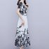 Women Summer Short Sleeves Dress V Neck Chinese Style Ink Printing A line Skirt Casual Seaside Vacation Beach Dress As shown XL