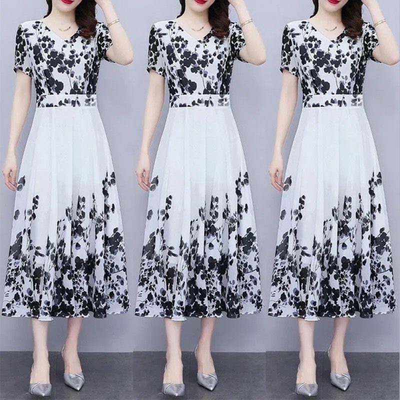 Women Summer Short Sleeves Dress V Neck Chinese Style Ink Printing A-line Skirt Casual Seaside Vacation Beach Dress As shown XL