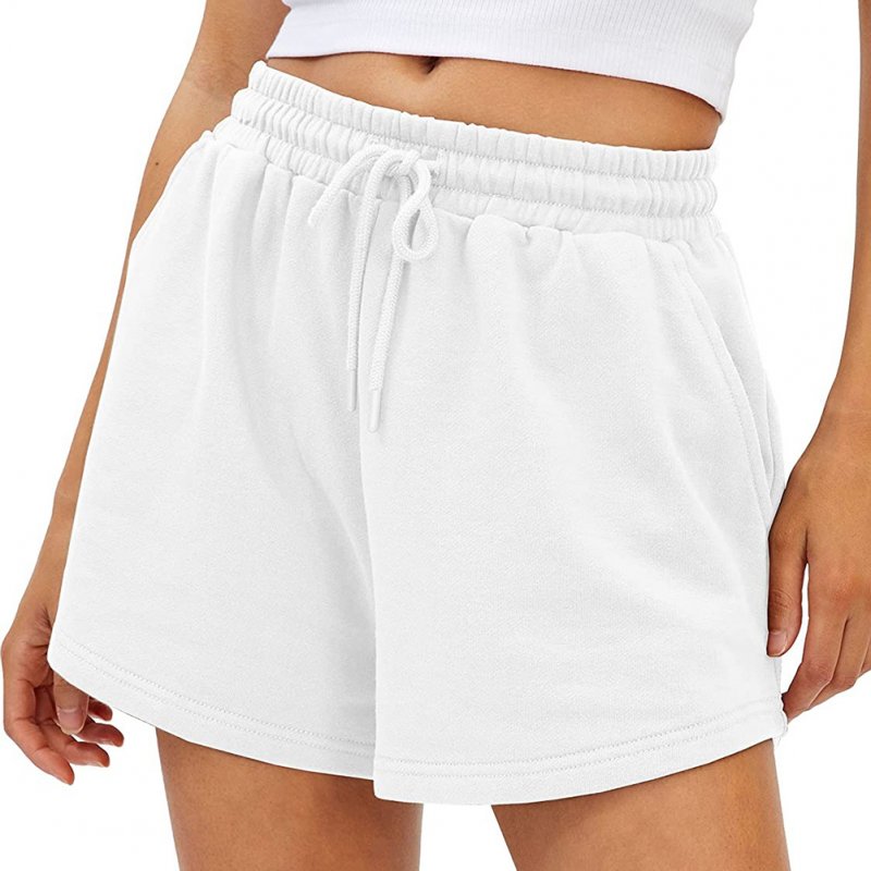 Women Summer Shorts Elastic High Waist Breathable Athletic Shorts With Pockets For Running Fitness Training White L