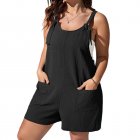 Women Summer Shorts Overalls Sleeveless Solid Color Rompers Casual Large Size Loose Jumpsuit With Pockets black 2XL