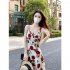 Women Summer Sleeveless Dress Sexy Square Collar High Waist A line Skirt Sweet Rose Floral Printing Midi Skirt 197 roses S