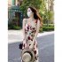 Women Summer Sleeveless Dress Sexy Square Collar High Waist A line Skirt Sweet Rose Floral Printing Midi Skirt 197 roses S