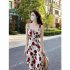 Women Summer Sleeveless Dress Sexy Square Collar High Waist A line Skirt Sweet Rose Floral Printing Midi Skirt 197 roses S