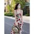 Women Summer Sleeveless Dress Sexy Square Collar High Waist A line Skirt Sweet Rose Floral Printing Midi Skirt 197 roses S