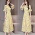 Women Summer Slim Leisure Waist Horn Sleeve Floral Dress yellow L