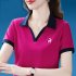 Women Summer Sports Shirt Contrast Color Short Sleeve Basic Tops Casual Bottoming Shirt rose red XL