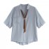 Women Summer Striped Tie Shirt Short Sleeve Loose Shirt blue XL