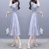 Women Summer Tight Waist Printing Mandarin Sleeve Lacing Dress Photo Color L