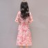Women Summer Tight Waist Flare Sleeve Floral Printing Lacing Dress Pink M