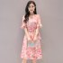 Women Summer Tight Waist Flare Sleeve Floral Printing Lacing Dress Pink M