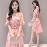 Women Summer Tight Waist Flare Sleeve Floral Printing Lacing Dress Pink M