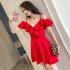 Women Summer V neck Dress Sexy Off Shoulder High Waist Dress Simple Solid Color Short Sleeves A line Skirt bright red XL