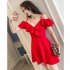 Women Summer V neck Dress Sexy Off Shoulder High Waist Dress Simple Solid Color Short Sleeves A line Skirt bright red XL