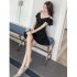 Women Summer V neck Dress Sexy Off Shoulder High Waist Dress Simple Solid Color Short Sleeves A line Skirt bright red XL