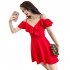Women Summer V neck Dress Sexy Off Shoulder High Waist Dress Simple Solid Color Short Sleeves A line Skirt bright red XL