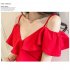 Women Summer V neck Dress Sexy Off Shoulder High Waist Dress Simple Solid Color Short Sleeves A line Skirt bright red 3XL