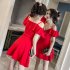 Women Summer V neck Dress Sexy Off Shoulder High Waist Dress Simple Solid Color Short Sleeves A line Skirt bright red 3XL