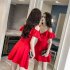 Women Summer V neck Dress Sexy Off Shoulder High Waist Dress Simple Solid Color Short Sleeves A line Skirt bright red 3XL