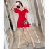 Women Summer V neck Dress Sexy Off Shoulder High Waist Dress Simple Solid Color Short Sleeves A line Skirt rose red 3XL