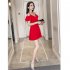 Women Summer V neck Dress Sexy Off Shoulder High Waist Dress Simple Solid Color Short Sleeves A line Skirt rose red 3XL