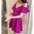 Women Summer V neck Dress Sexy Off Shoulder High Waist Dress Simple Solid Color Short Sleeves A line Skirt rose red 3XL