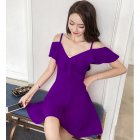 Women Summer V-neck Dress Sexy Off Shoulder High Waist Dress Simple Solid Color Short Sleeves A-line Skirt Purple M