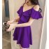 Women Summer V neck Dress Sexy Off Shoulder High Waist Dress Simple Solid Color Short Sleeves A line Skirt Purple L