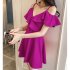 Women Summer V neck Dress Sexy Off Shoulder High Waist Dress Simple Solid Color Short Sleeves A line Skirt Purple L
