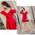Women Summer V neck Dress Sexy Off Shoulder High Waist Dress Simple Solid Color Short Sleeves A line Skirt Purple L