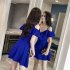 Women Summer V neck Dress Sexy Off Shoulder High Waist Dress Simple Solid Color Short Sleeves A line Skirt black L
